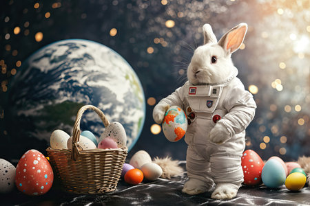 Rabbit wear astronaut suit standing to holding colorful Easter eggs in basket. Generative AI.の素材