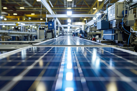 Solar Panel Production Process on Advanced Factory. Generative AI.の素材