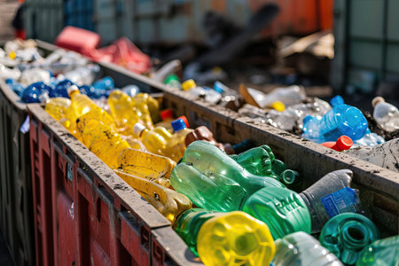 waste plastic bottles and other types of plastic waste at the waste disposal site. Generative AI.の素材