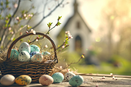 A traditional Easter with a basket full eggs and a small church in the background. Generative AI.の素材