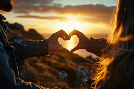 Valentines day concept, Young man and woman creating heart shape by hands at sunset. Generative AI.の素材