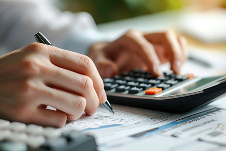 Tax officer with calculator and on white background. Generative AI.の素材