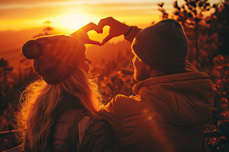 Valentines day concept, Young man and woman creating heart shape by hands at sunset. Generative AI.の素材