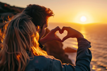 Valentines day concept, Young man and woman creating heart shape by hands at sunset. Generative AI.の素材