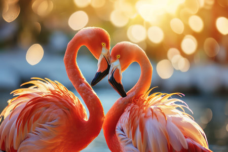 Two flamingos facing each other, heart shaped background. Generative AI.の素材