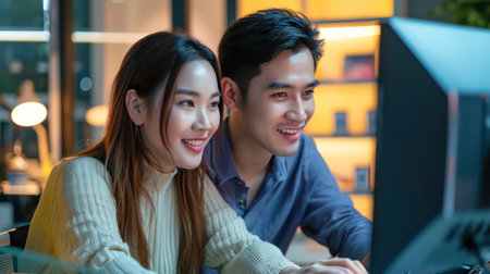 Asian two couple sitting at a computer. Generative AI.の素材