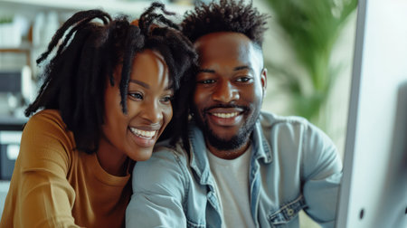 African American two couple sitting at a computer. Generative AI.の素材