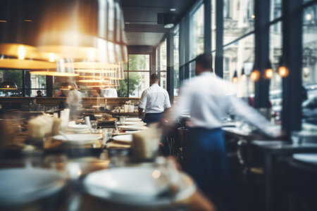 Blurred restaurant background with some people eating and chefs and waiters working. Generative AI.の素材