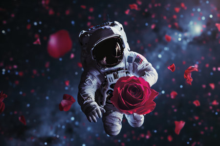 Astronaut a piece of red rose around him in space. Generative AI.の素材