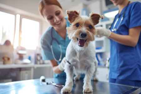 Veterinarian in a clinic, gently examining a dog on an examination table. Generative AI.の素材
