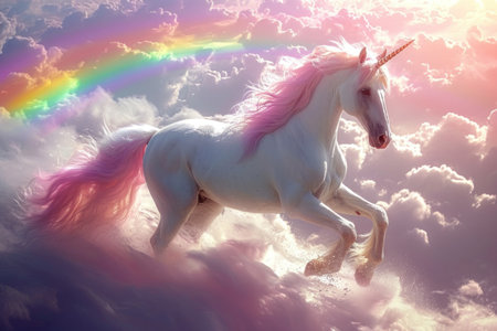 Full shot, unicorn on rainbow sky background. Generative AI.の素材
