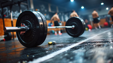 Barbells on the floor in the gym, rim light, people on the blur background. Generative AI.の素材