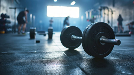 Barbells on the floor in the gym, rim light, people on the blur background. Generative AI.の素材