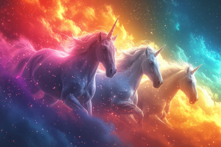 Full shot, unicorn on rainbow sky background. Generative AI.の素材