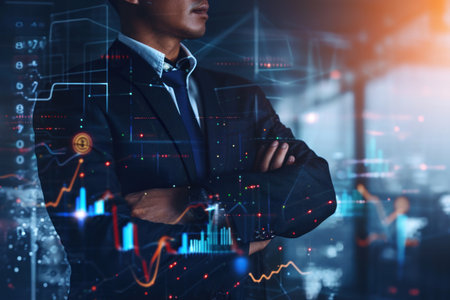 Businessman in suit with investment graphics. Generative AI.の素材