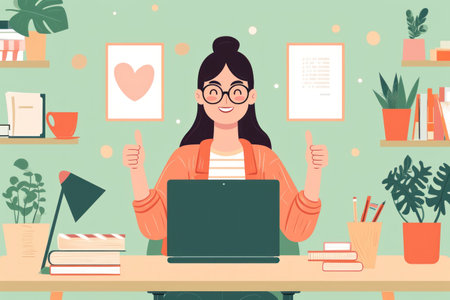 a girl sitting in the desk with a laptop on her lap showing thumbs up.の素材