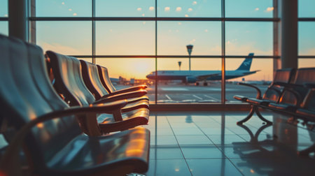 Seats in an airport and see an airplane through the window. Generative AI.の素材