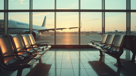 Seats in an airport and see an airplane through the window. Generative AI.の素材