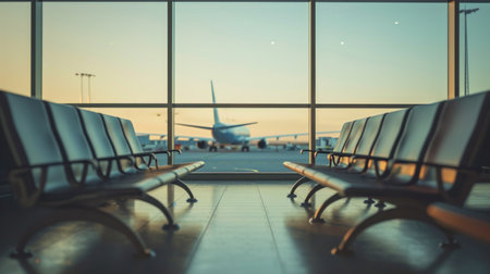 Seats in an airport and see an airplane through the window. Generative AI.の素材