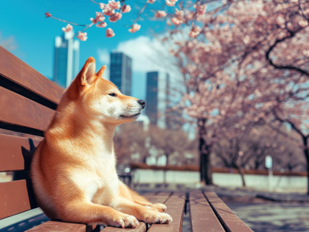 Shiba is sitting on the bench in the park Sakura blossom and blue sky with skyscraper. Generative AI.の素材