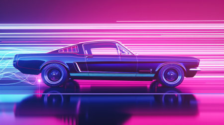 The car classic in the background are neon lines suggesting speed and motion. Generative AI.の素材