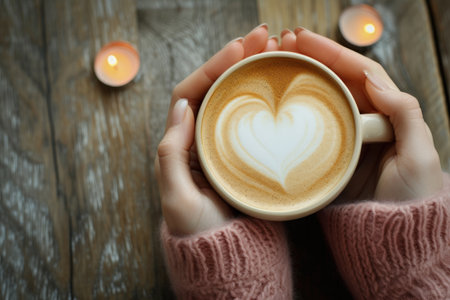 Top view on wood table, Close-up of a woman's hands holding a latte heart. Generative AI.の素材