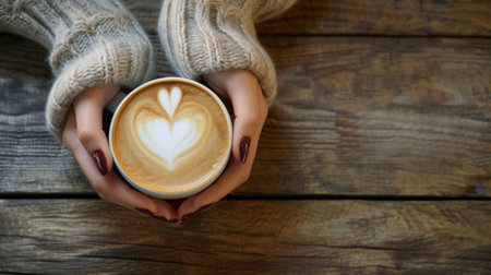 Top view on wood table, Close-up of a woman's hands holding a latte heart. Generative AI.の素材