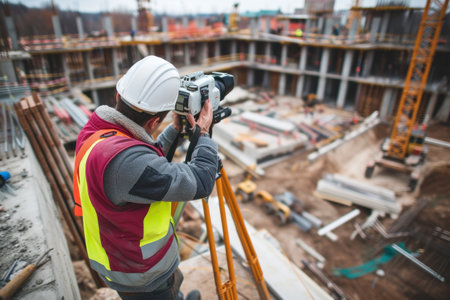 Surveyor builder Engineer with theodolite transit equipment at construction. Generative AI.の素材