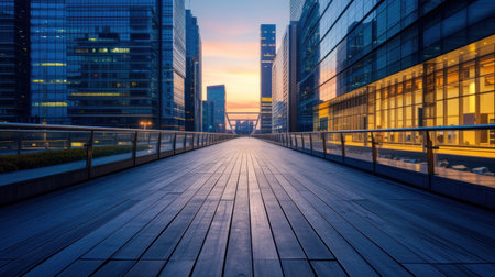 Empty square floor and pedestrian bridge with modern buildings at dusk. Generative AI.の素材