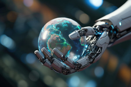 Mechanical robot hand gripping a globe, futuristic technology background. Generative AI.の素材