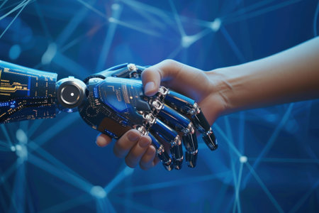 A handshake between a robot hand and a human hand, Technologies AI concept. Generative AI.の素材