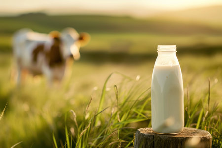 Milk bottle with empty space on a wooden platform in grassy setting and cow. Generative AI.の素材