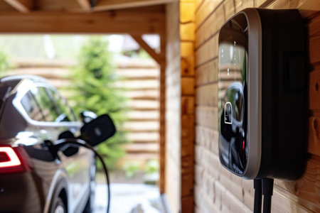 Electric car plugged to charging station outside home with power cable. Generative AI.の素材