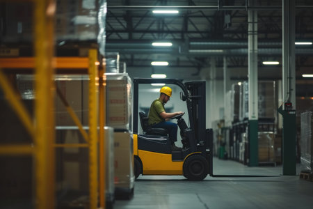 Warehouse employee driving forklift. Generative AI.の素材
