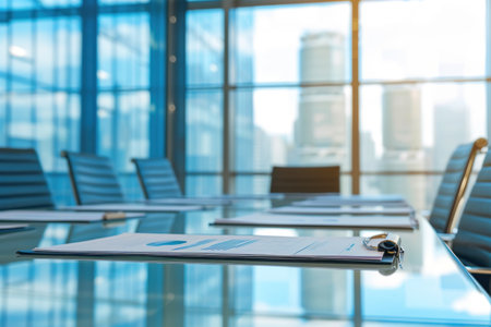 Business office without people with blurred bokeh background, with glass partitions. Generative AI.の素材