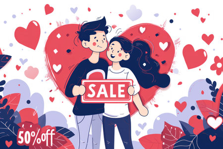 Flat illustrator, Sale 50 Off For Love Sale Banner Valentine Festival. Generative AI.の素材