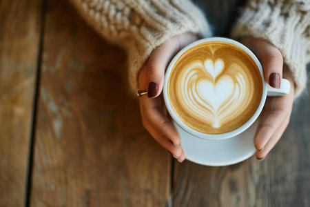 Top view on wood table, Close-up of a woman's hands holding a latte heart. Generative AI.の素材