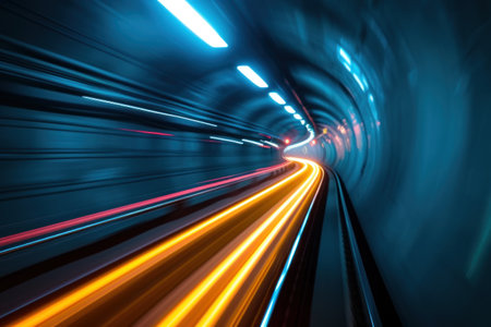 Abstract long exposure dynamic speed light trails in a tunnel. Generative AI.の素材