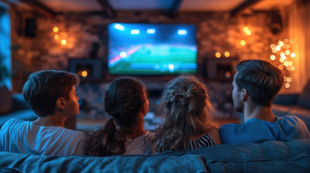Caucasian family watching tv with football match on screen. Global sport concept. Generative AI.の素材