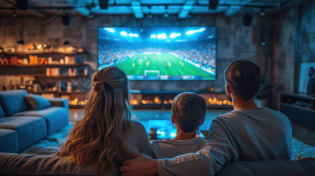 Caucasian family watching tv with football match on screen. Global sport concept. Generative AI.の素材