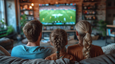 Caucasian family watching tv with football match on screen. Global sport concept. Generative AI.の素材