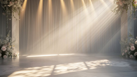 White room with arch and flowers in the wall and large window Generative AI.の素材