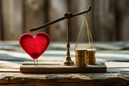Heart and money scales concept. Importance between gold coin and love. Generative AI.の素材
