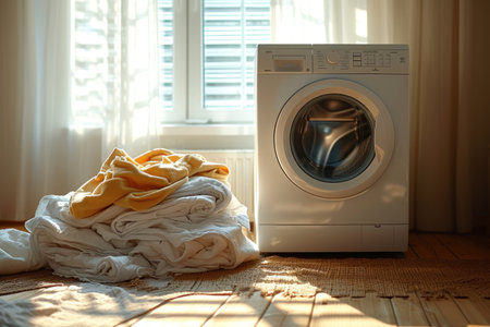 Dirty laundry piled up next to a washing machine. Generative AI.の素材