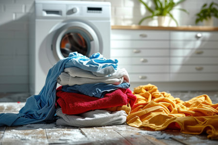 Dirty laundry piled up next to a washing machine. Generative AI.の素材