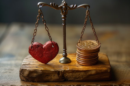 Heart and money scales concept. Importance between gold coin and love. Generative AI.の素材