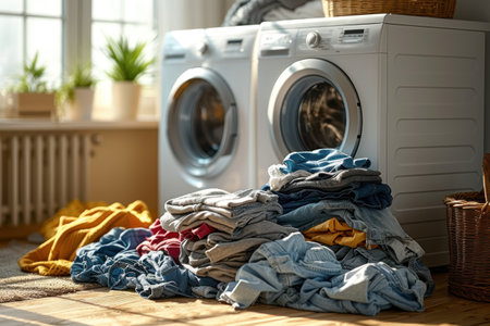 Dirty laundry piled up next to a washing machine. Generative AI.の素材