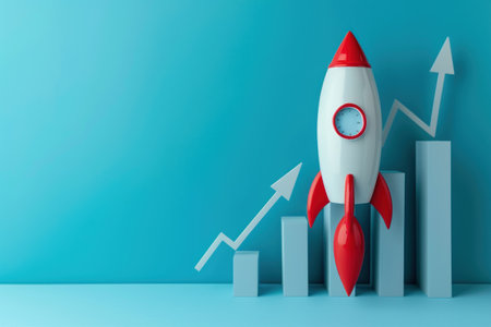 Rocket and business financial chart on blue background. Generative AI.の素材