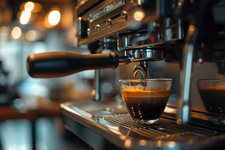 The barista's coffee brewing scene, the espresso machine. Generative AI.の素材