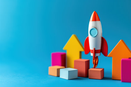 Rocket and business financial chart on blue background. Generative AI.の素材